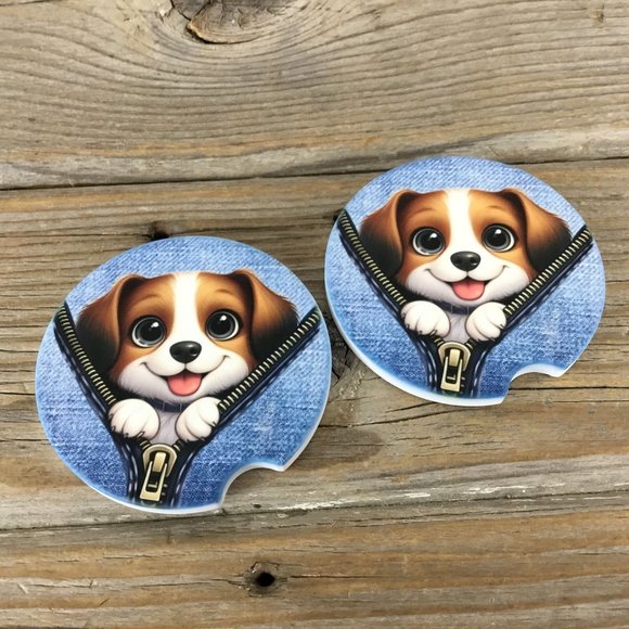 Dog Peek-a-Boo Zipper Car Coasters Set of 2 - Picture 3 of 7